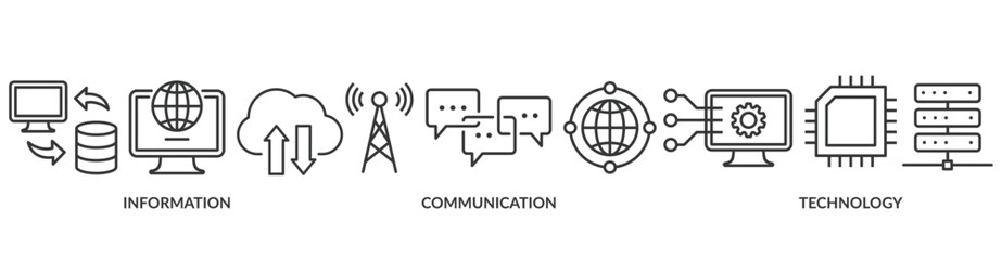 ICT banner web icon vector illustration concept for information and communications technology with icon of antenna, radio, network, website, database, cloud, server, data, electronic, and processor