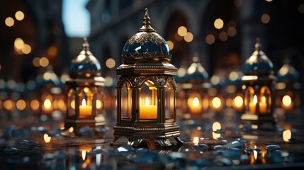 A group of lit lanterns sitting on top of a table. Imaginary Ramadan illustration. - obrazy, fototapety, plakaty