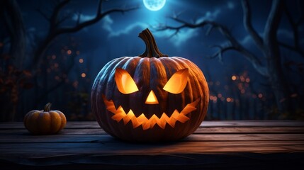 Obraz premium Scary Halloween pumpkin with glowing eyes on wooden planks at night