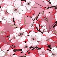 A pink background with a bunch of flowers. Seamless floral background. Cherry blossoms.