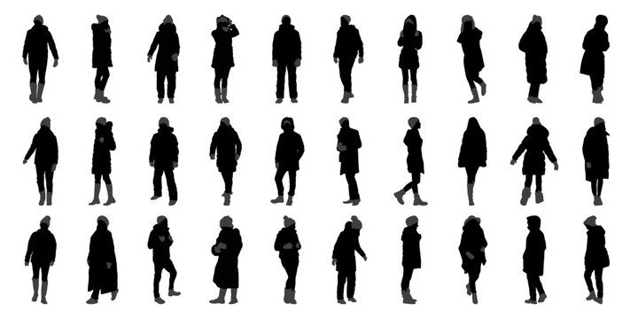 Big set vector detailed silhouettes of group of peoples men and female in winter clothes isolated on white background. Vector illustration