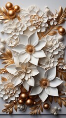 Obraz na płótnie Canvas A white and gold paper flower arrangement with gold ornaments. AI image.
