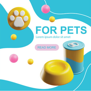 Poster tamplate with 3d rendering pet store food, toys, accessories and nutrition, vector cat and dog cute care shop