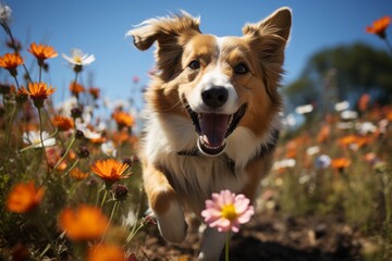 Dog with a happy grin, running through a field of blooming flowers, Generative AI