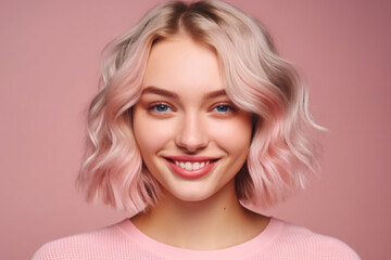 Attractive blondie lady on pink background, AI generated