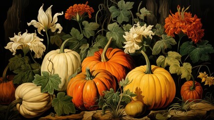 Obraz na płótnie Canvas A painting of pumpkins and flowers on a table. AI image.