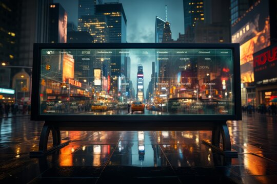 Breaking news ticker scrolling across the screen on a city square display, Generative AI