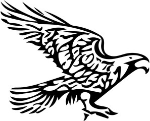 Black and white vector illustration of a flying eagle, tattoo design, animal art