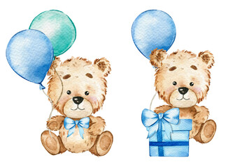 Cute Baby Bear with Balloons Watercolor Illustration, Little Bear with balloons Isolated on white background. Hand Drawn Lovely Animal for nursery decor children illustration. Baby shower concept