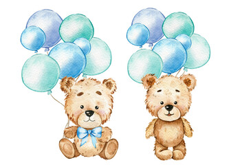 Cute Baby Bear with Balloons Watercolor Illustration, Little Bear with balloons Isolated on white background. Hand Drawn Lovely Animal for nursery decor children illustration. Baby shower concept