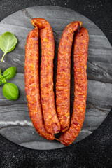 smoked sausage fresh meat meal food snack on the table copy space food background rustic top view