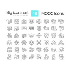 2D editable black big thin line icons set representing MOOC, isolated vector, linear illustration.
