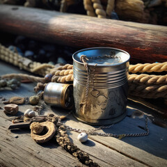  A tin can with a string and a hook attached 
