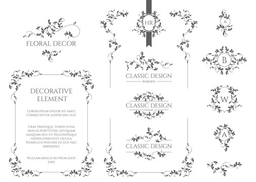 Floral monograms and borders, frames for cards, invitations, menus, labels. Classic ornament. Graphic design pages.