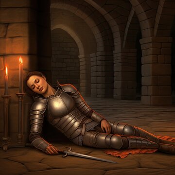 An illustration of an unconscious female knight in metal armour. Ring-mail. A female warrior and her sword laying on the floor in a castle. Medieval fantasy scene. Vault. Bards. Brave female fighter