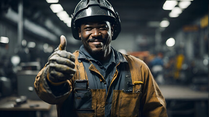 A skilled welding technician proudly shows a thumbs-up gesture, isolated in the frame. - obrazy, fototapety, plakaty