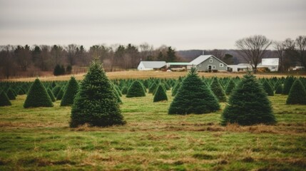 Obraz premium Christmas Tree Farm. Christmas tree cultivation is agricultural occupation which involves growing pine, spruce, and fir trees specifically for use as Christmas trees. Where to find the perfect tree