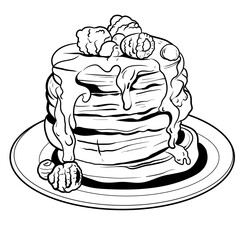 pancakes, pastries, sweets, tasty Breakfast in the vector graphics vintage pancake drawing. Hand drawn monochrome food illustration. Great for menu, poster or label..