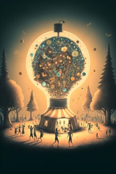 in the foreground sparks trees a crowd heads towards the center where 5 dancers 5 musicians 1 juggler are near a great circus tent and other small huts A huge light bulb levitates in the air and 