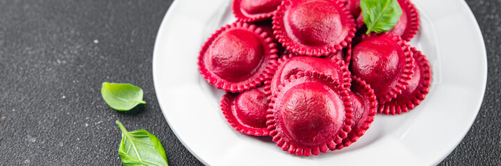 raw beetroot ravioli beet red pasta in the plate meal food snack on the table copy space food background rustic top view