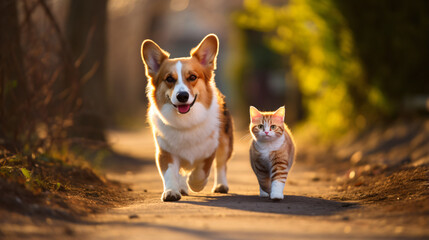Red menacing street village cat and pet dog walk