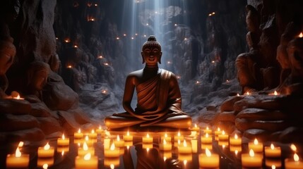 Buddha in peaceful meditation near burning candles in dark cave, Religion and mindfulness concept.