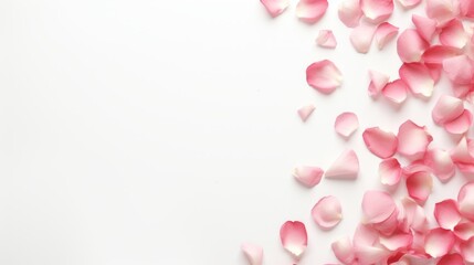 A composition of flowers. Rose flower petals on white background. Valentine's Day, Mother's Day concept. Flat lay, top view, copy spac