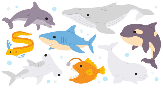 Vector illustration set of cute doodle underwater animal for digital stamp,greeting card,sticker,icon,summer design