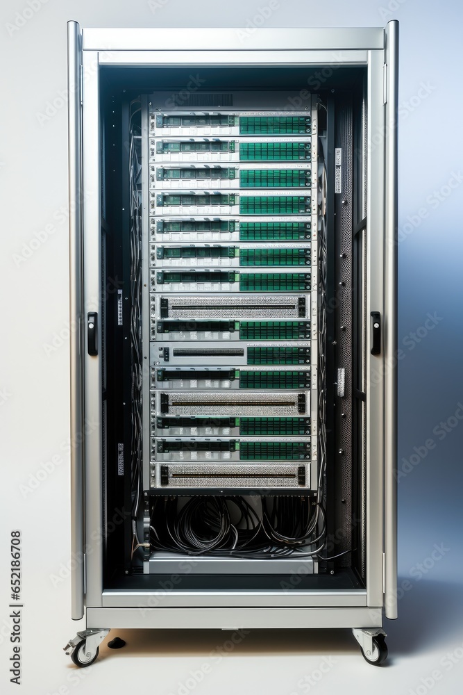 Poster front mid shot of a server rack on white background.