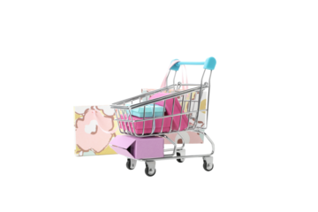 PNG, shopping basket with gifts isolated on white background.