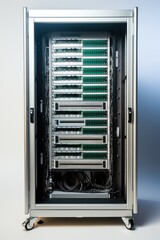 Obraz premium Front mid shot of a server rack on white background.