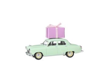 PNG car with gifts isolated on white background.