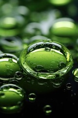 Green background with flowing water droplets, Circle, glass texture, Rotating, Circle emitting light.