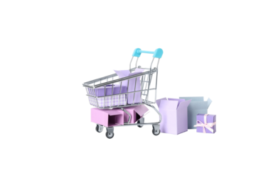 PNG, shopping basket with gifts isolated on white background.