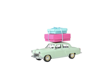 PNG car with gifts isolated on white background.