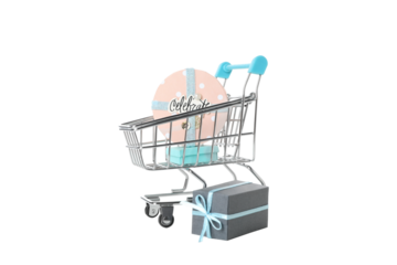 PNG, shopping basket with gifts isolated on white background.