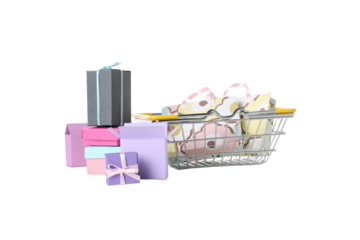 PNG, shopping basket with gifts isolated on white background.