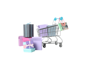 PNG, shopping basket with gifts isolated on white background.