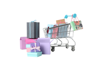 PNG, shopping basket with gifts isolated on white background.