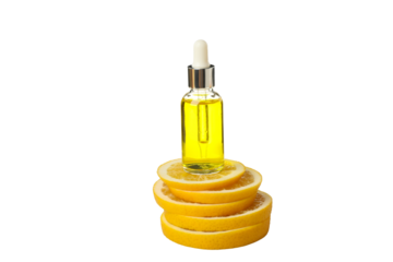 PNG, bottle with serum, near lemon, isolated on white background.