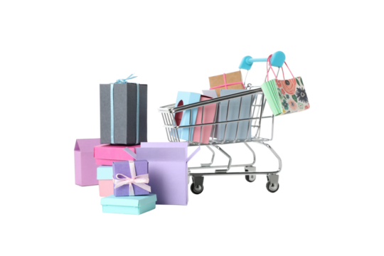 PNG, shopping basket with gifts isolated on white background.