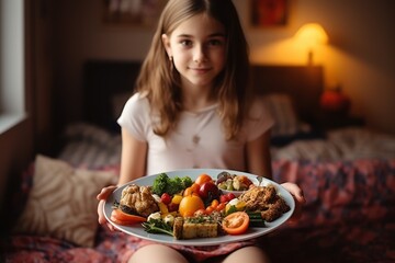 Girl Holding Plate of Food on Bed