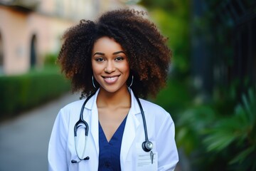 Afro american female doctor smiling in white coat in hospital. - obrazy, fototapety, plakaty