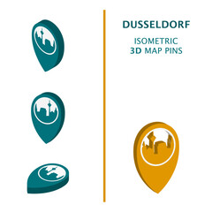Germany Dusseldorf 3D vector logo set. Isometric map pin, geolocation pointer, modern skyline icon, concept, isolated graphic