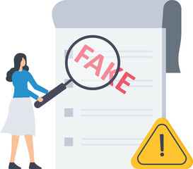 Fake document, Wrong information verification or fake news inspection, Fraud and illegal reports, inspector using magnifying glass to verify fake document

 - obrazy, fototapety, plakaty