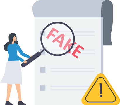 Fake document, Wrong information verification or fake news inspection, Fraud and illegal reports, inspector using magnifying glass to verify fake document

