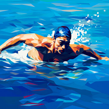 Swimmer in a pool wearing a cap. Illustration of swimming as a sport.
