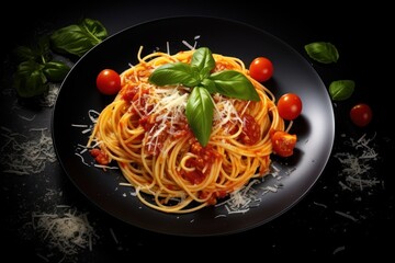 Spaghetti and Tomatoes on a Black Plate