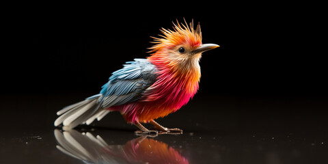 Süßer bunter farbenprächtiger kleiner Fantasie Vogel mit dunklen Hintergrund im Querformat für Poster und Banner, ai generativ