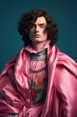 Stylish European man in pink royal outfit, funny kitsch